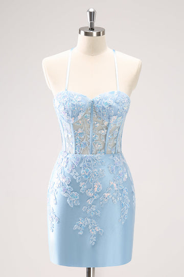 Blue Spaghetti Straps Corset Tight Cocktail Dress Dress with Sequins